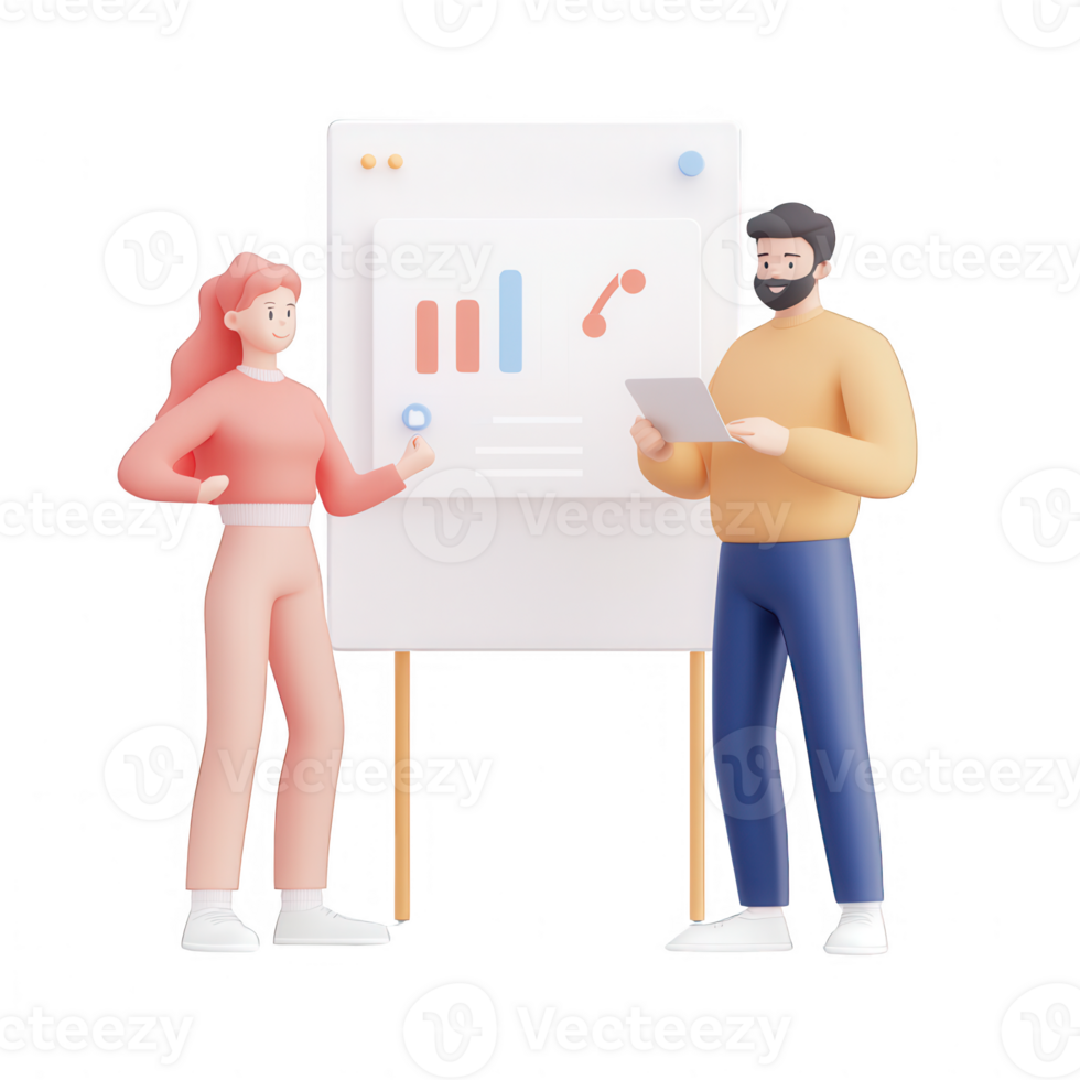 Two professionals discussing data trends in a modern office setting. png