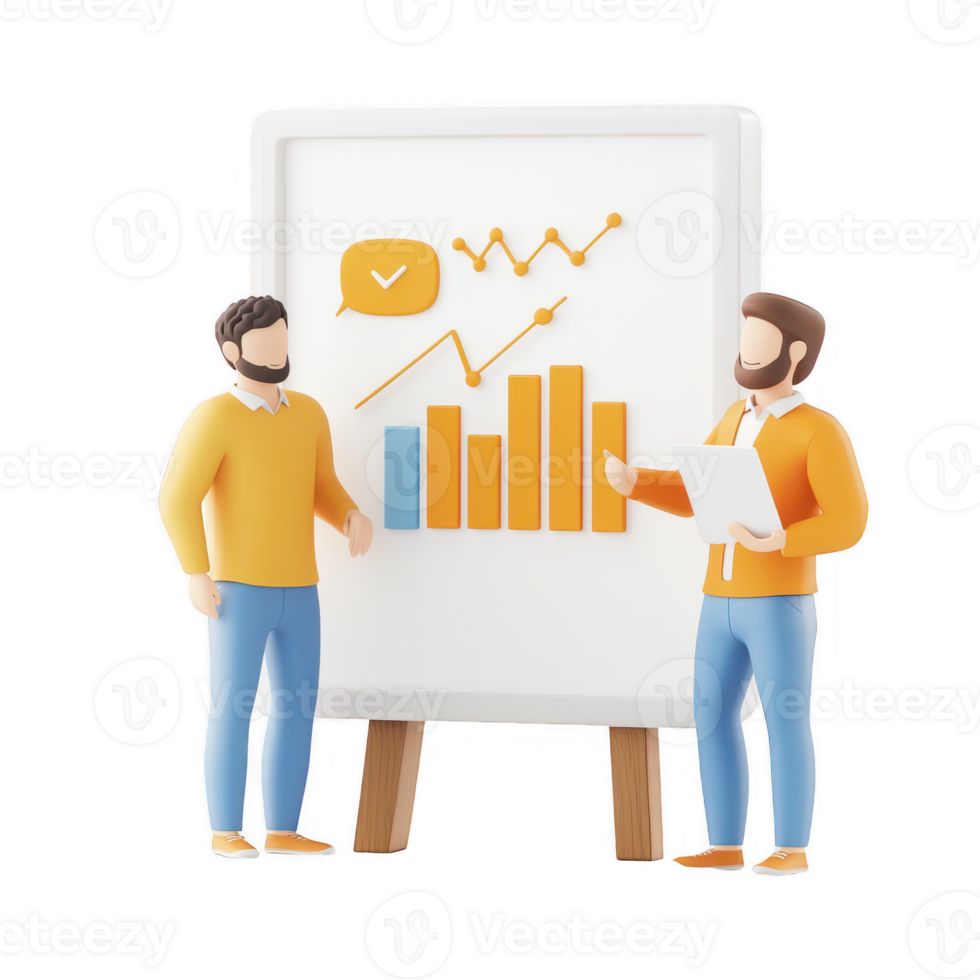 Two professionals discuss data trends and strategies with a presentation board. png