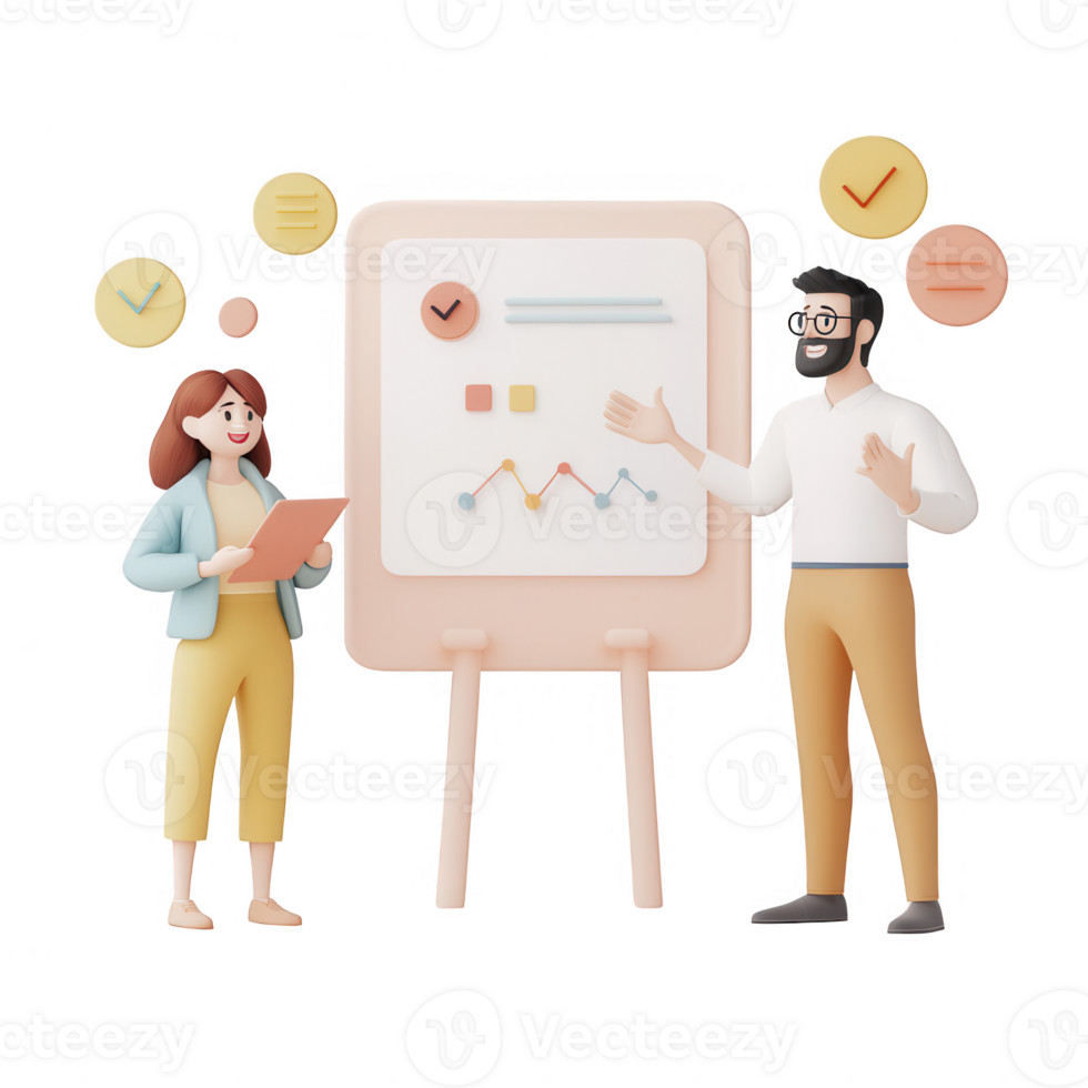 Two professionals discussing strategy and metrics at a presentation. png