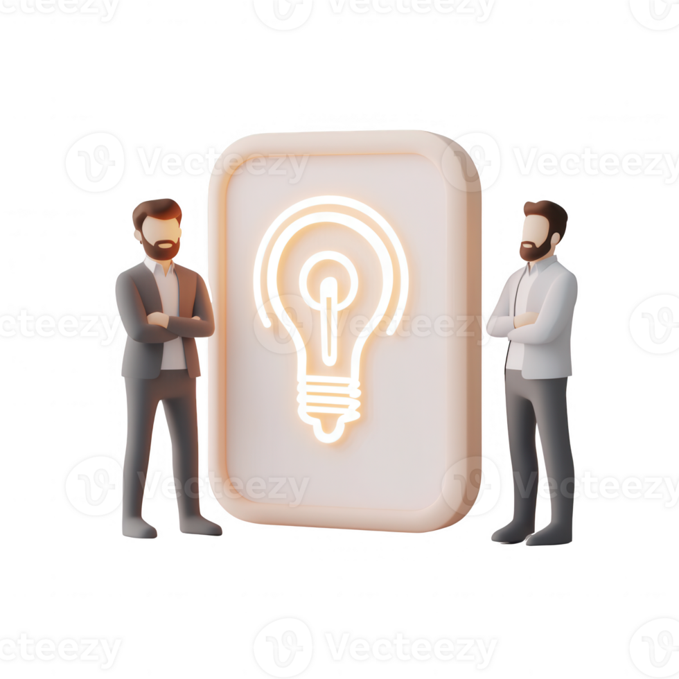 Two professionals discussing innovative ideas in front of a light bulb icon. png