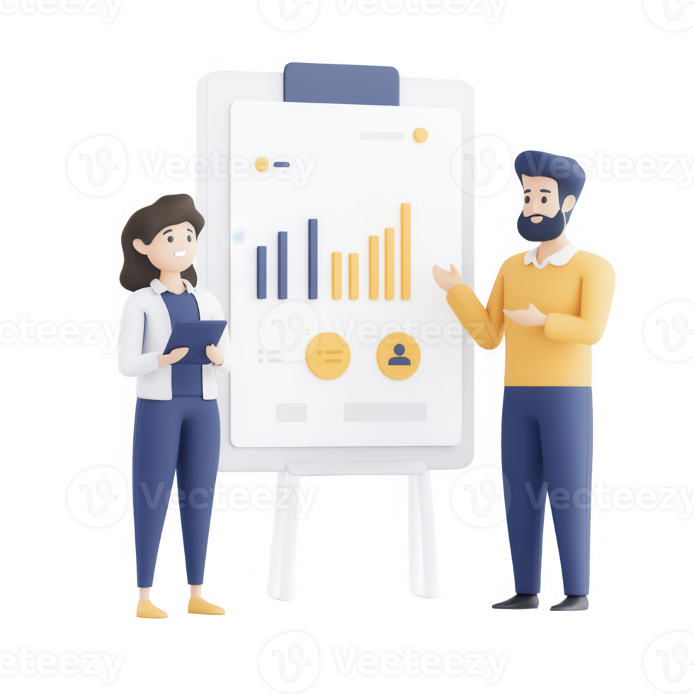 Two professionals discussing growth data on a presentation board. png