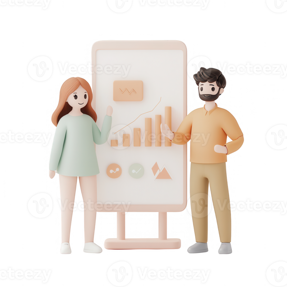 Two professionals presenting growth data on a digital chart in a modern office. png
