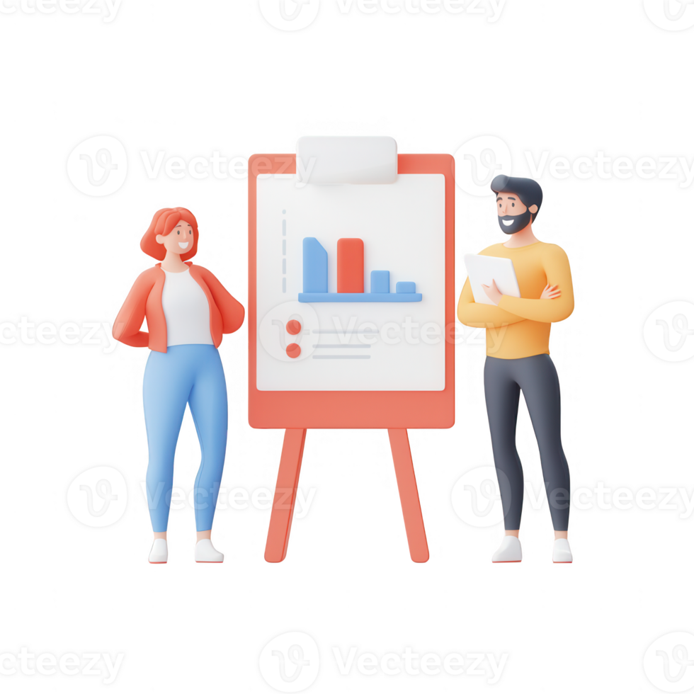 Two professionals presenting data insights on a chart. png
