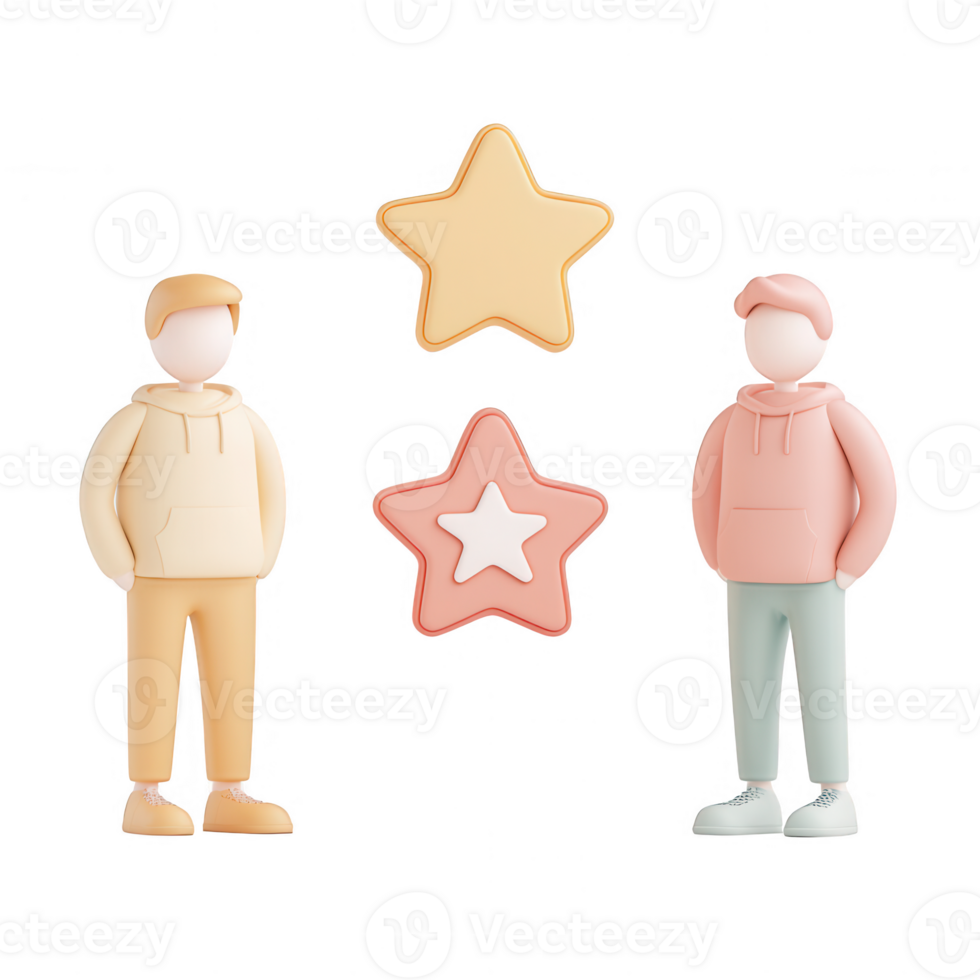 Two stylized figures interacting with colorful stars, representing collaboration and creativity. png