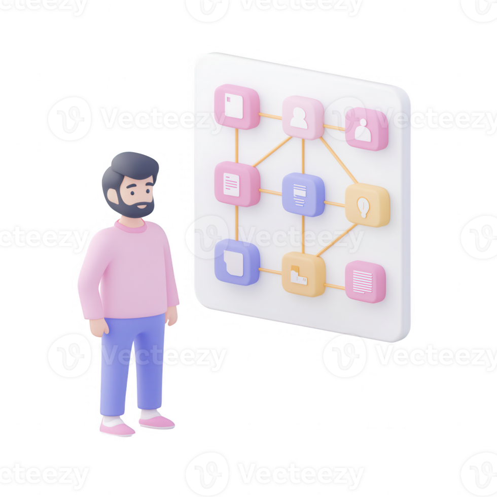 3D illustration of a person interacting with a digital interface for data management. png