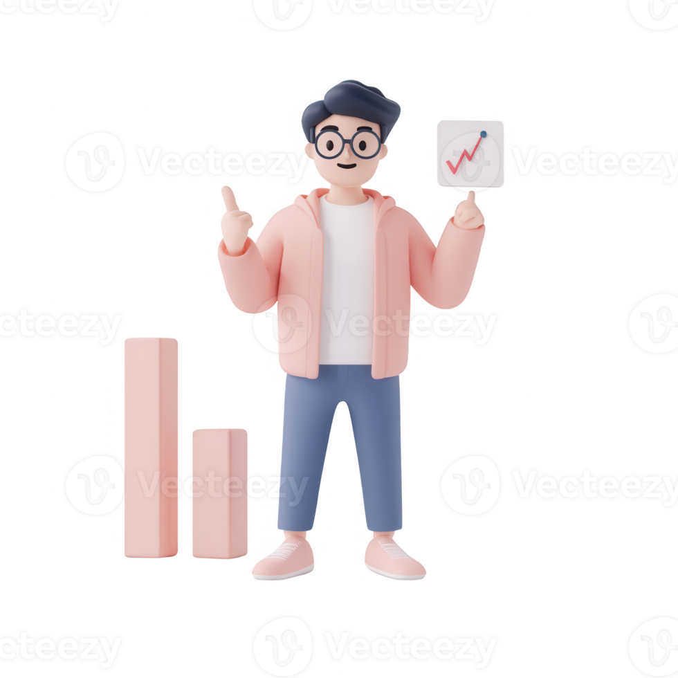 A 3D character displaying growth graphs and bars, symbolizing business success. png