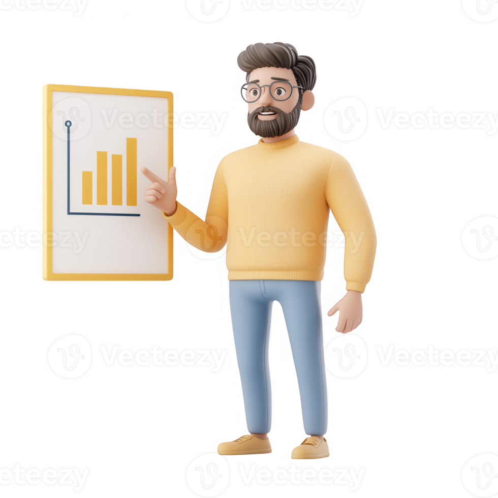 A 3D character presenting a business growth chart in a modern office setting. png