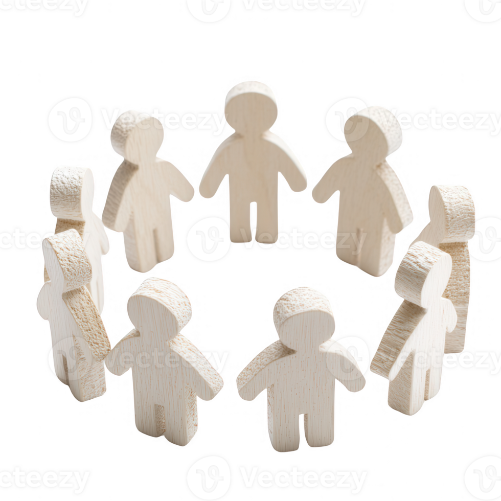 Wooden figures forming a circle to symbolize unity and community in teamwork. png