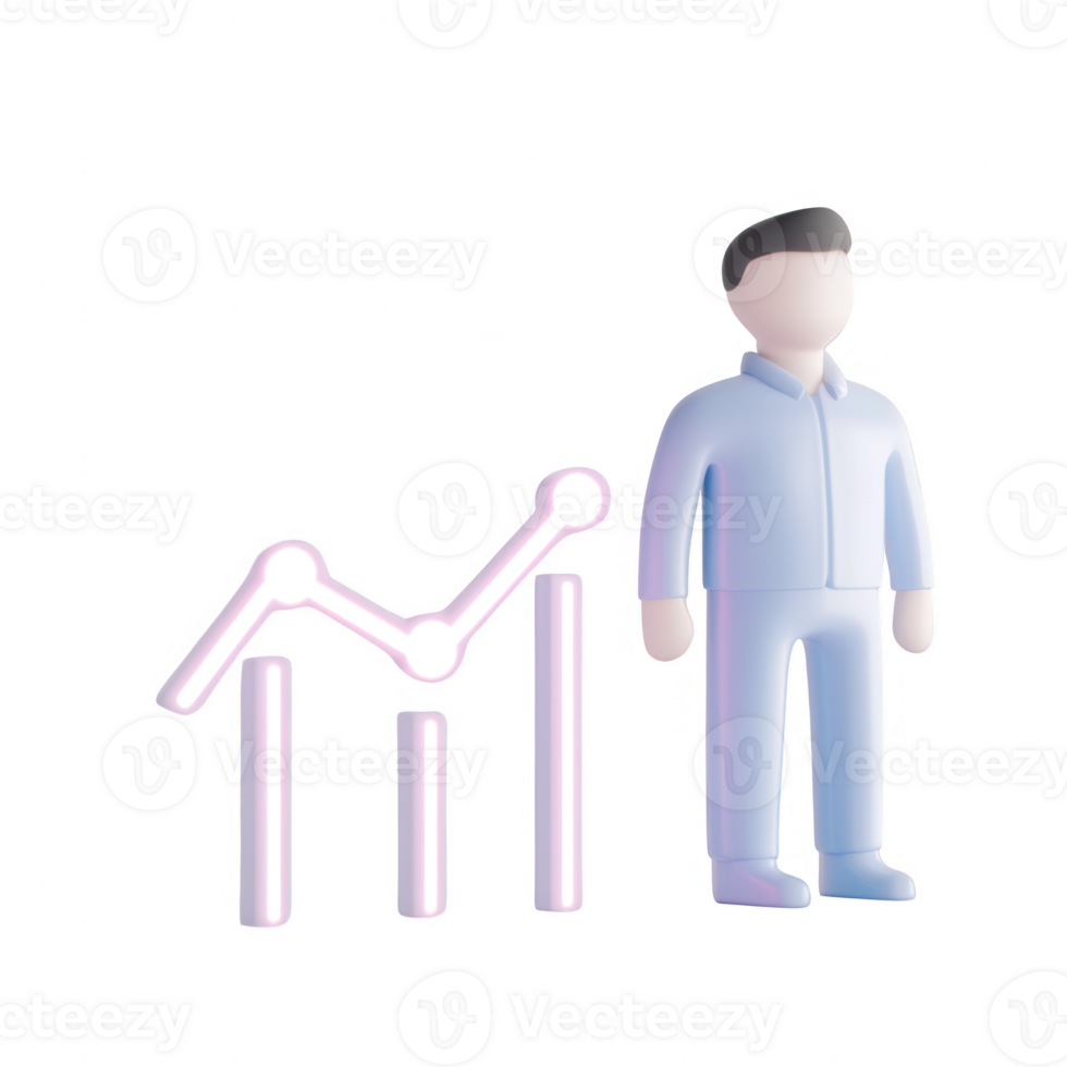 A cartoon figure analyzing business growth through an upward graph. png