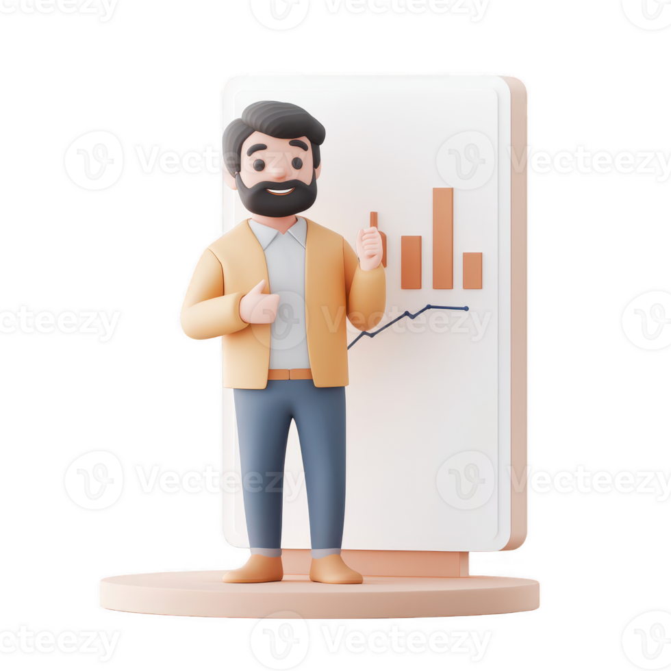 A 3D character showcasing a positive business trend with graphs and data. png