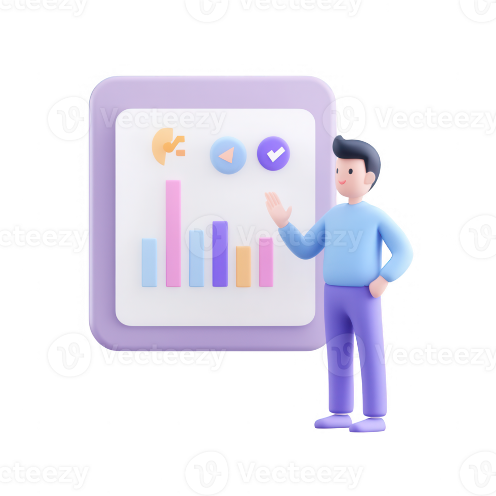 A 3D character presenting a data chart for effective business communication. png