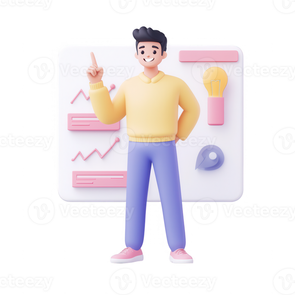 A cheerful man presenting digital data on a modern background. png