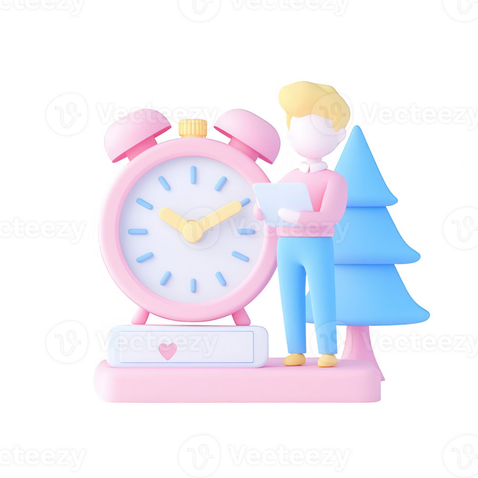 A colorful, playful illustration of a cartoon character with a clock and a tree. png