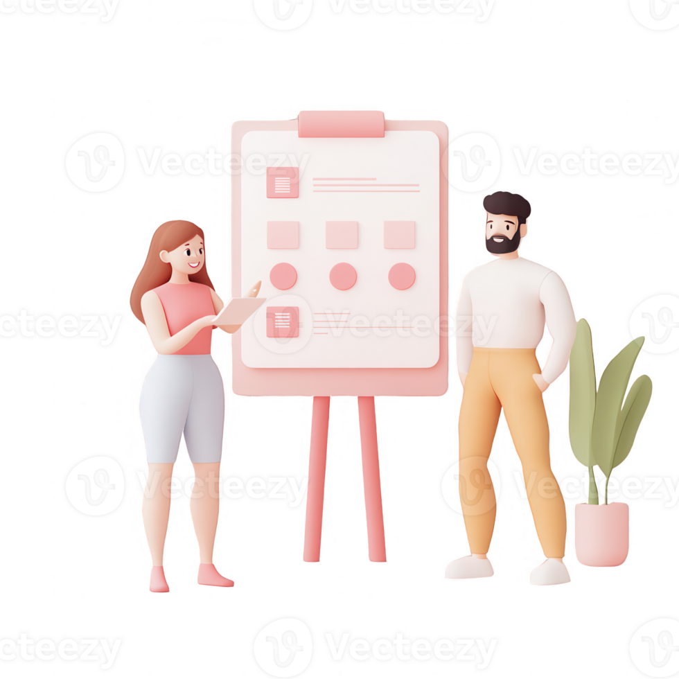 A couple collaborating in a modern office setting with a presentation board. png