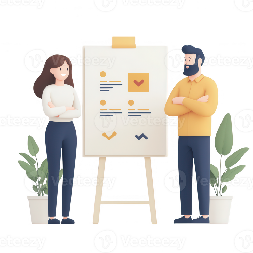 Two professionals discussing a project in front of a presentation board. png