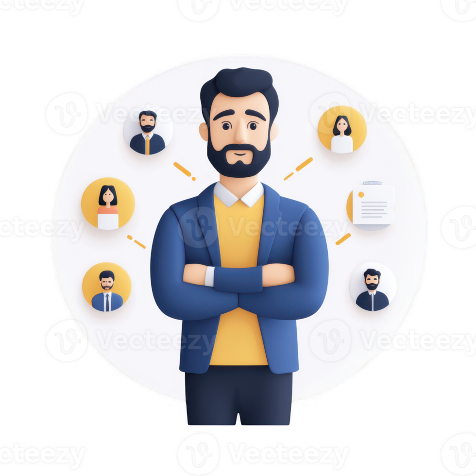 A professional man overseeing team connections and project management. png
