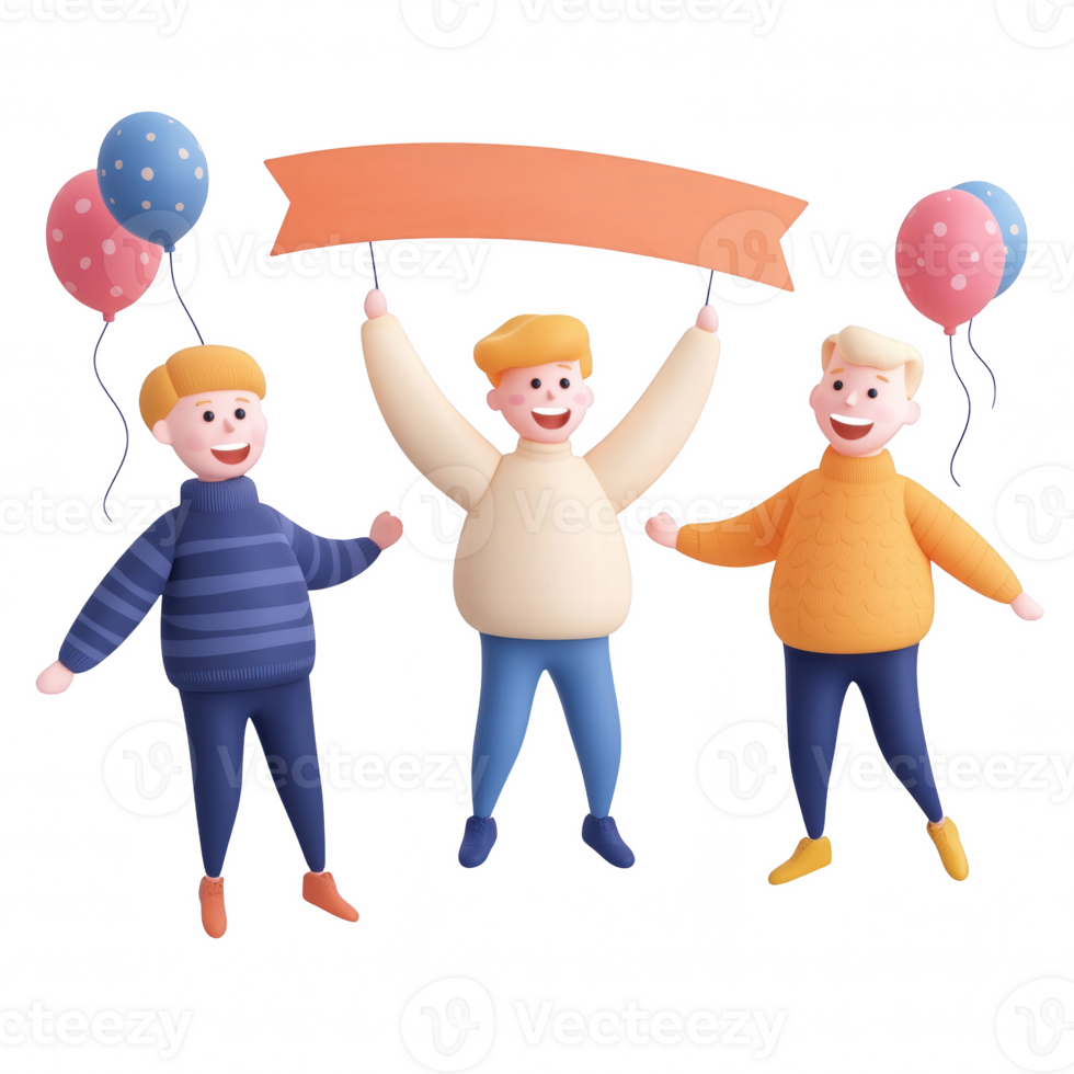 Three cheerful friends celebrating with balloons and a banner for a joyful occasion. png