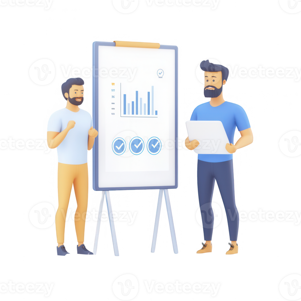 Two men discussing business graphs in a modern professional setting. png