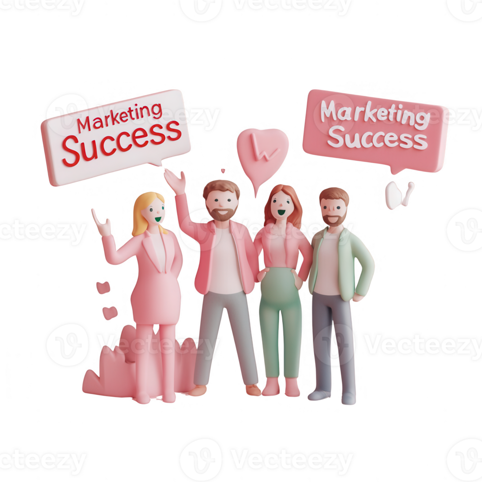 Group celebrating marketing success with cheerful expressions and signs. png