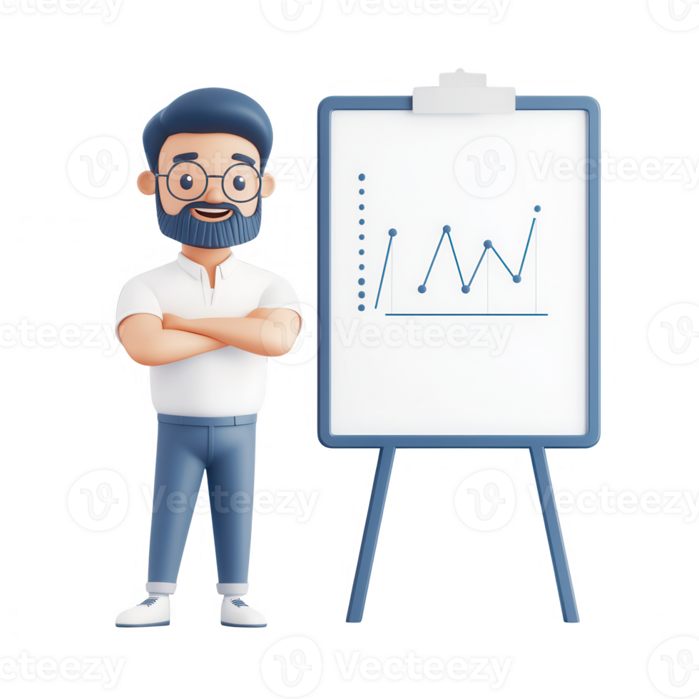 A cartoon man beside a growth chart on a whiteboard, representing business success. png