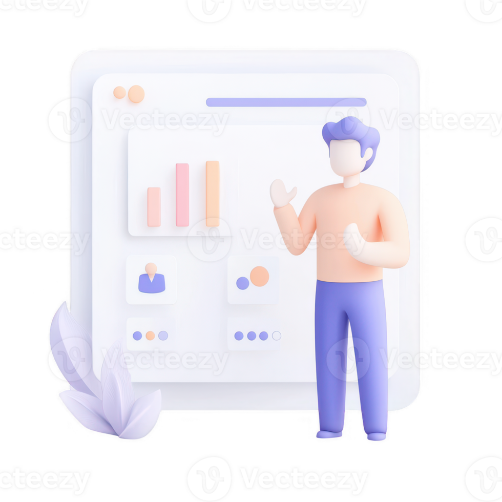 A digital illustration of a person presenting data insights with graphs and charts. png