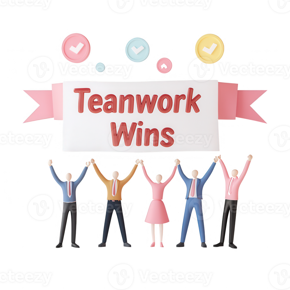A diverse team celebrating success with a 'Teamwork Wins' banner in the background. png