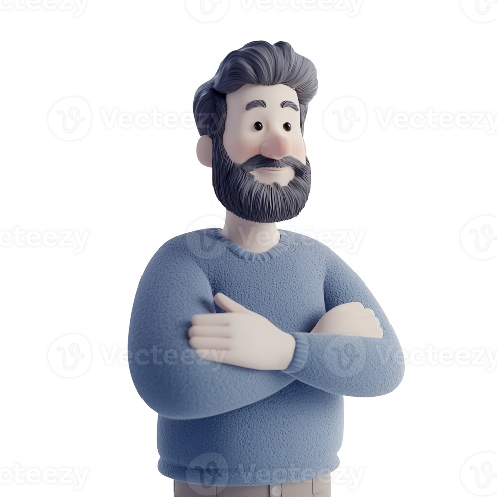 A friendly, cartoon-style man with a beard, smiling confidently with crossed arms. png