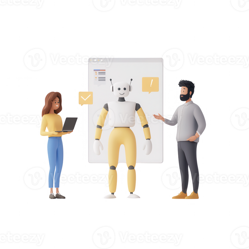 A humanoid robot interacting with two people in a modern workspace environment. png