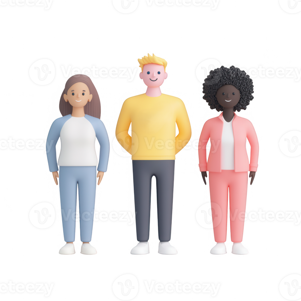 Diverse group of three cartoon characters standing together in casual outfits. png