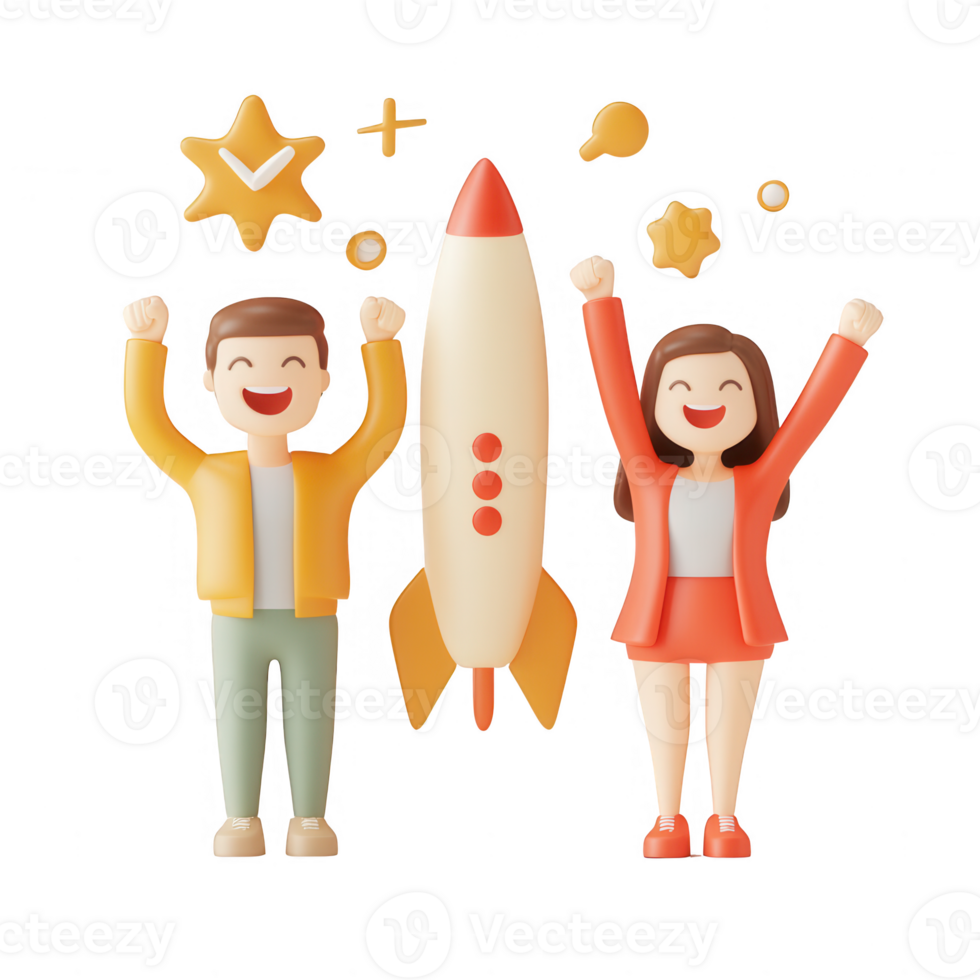 Cheerful characters celebrating a successful launch with a rocket and stars. png