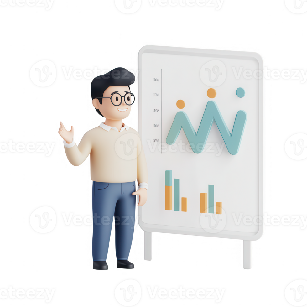 A character presenting data insights on a board with colorful graphs and charts. png