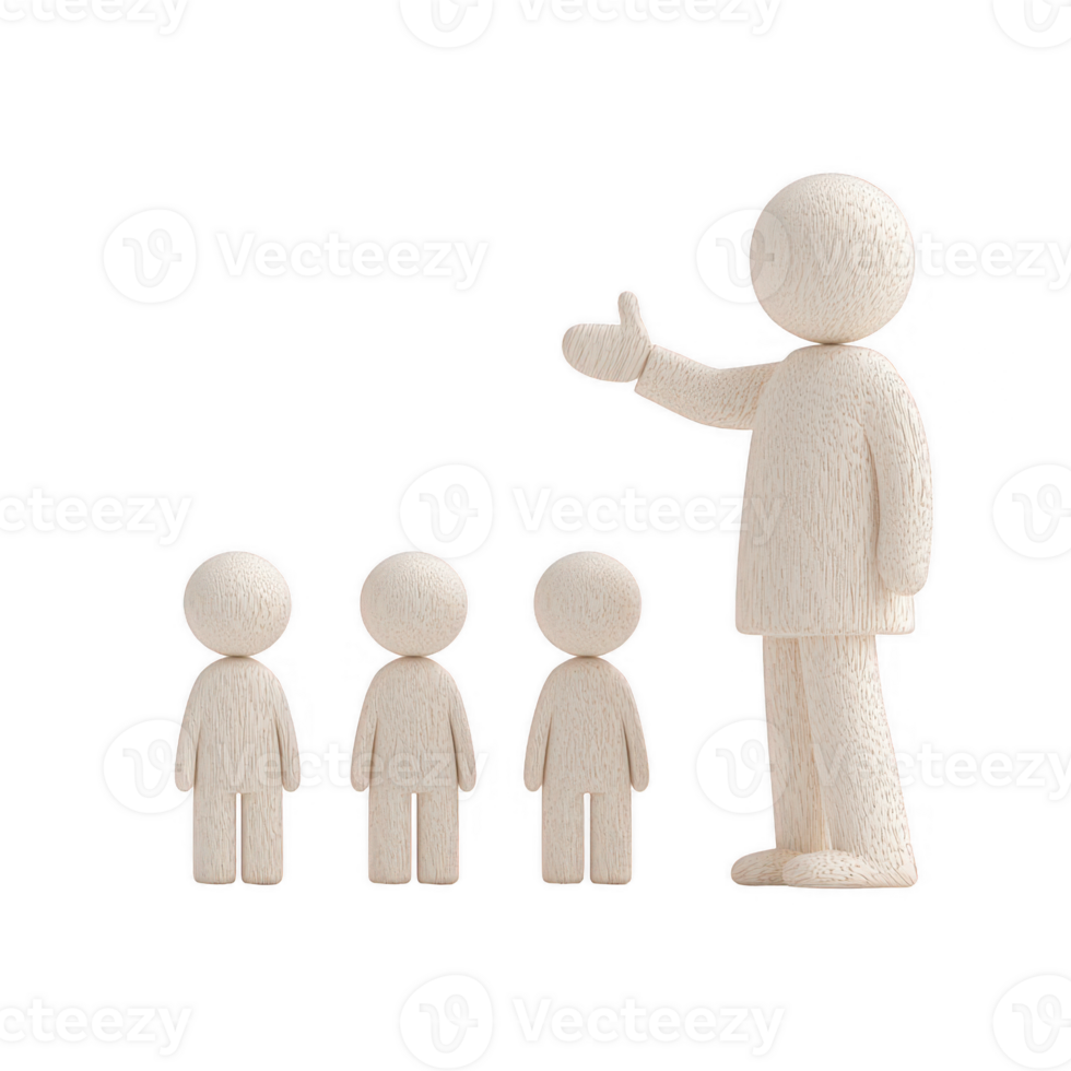 A wooden figure demonstrating leadership and guidance to smaller figures. png