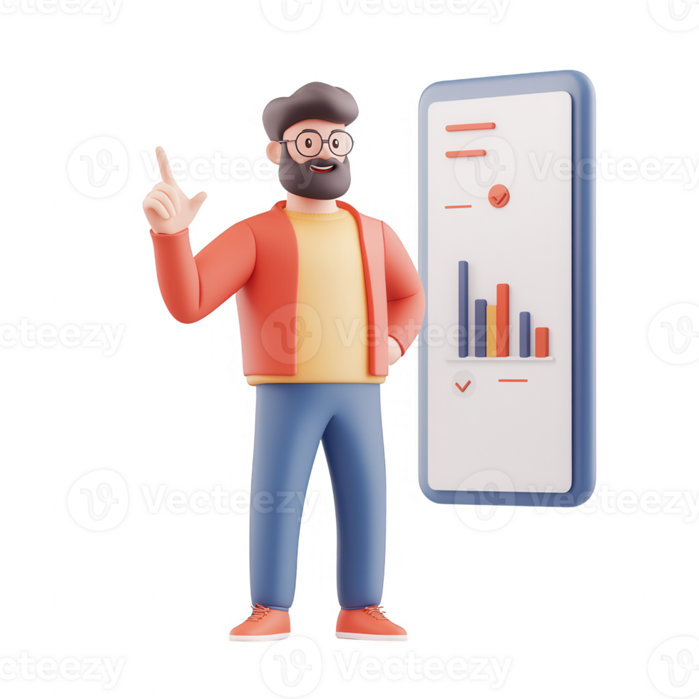 A cheerful businessman presenting analytics on a modern smartphone interface. png