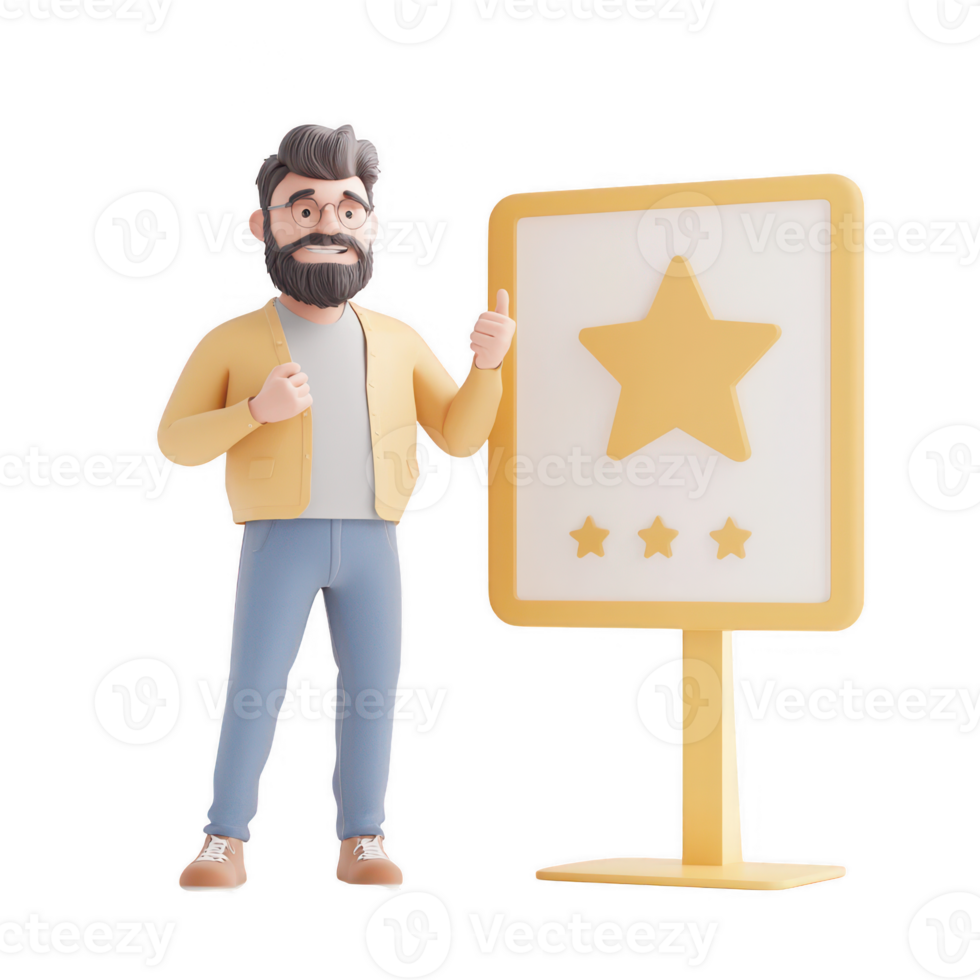 A cheerful man showcasing a three-star rating with a positive attitude. png