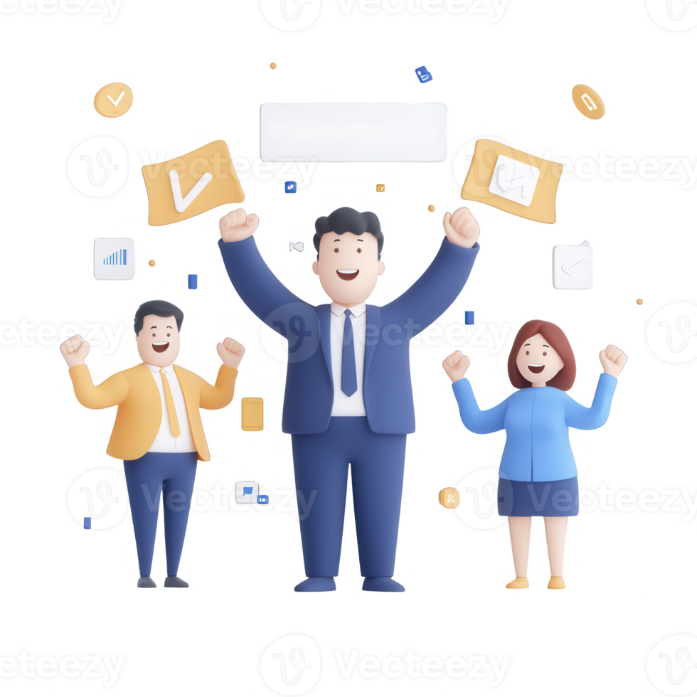 Cheerful team celebrating success with charts and symbols of achievement. png