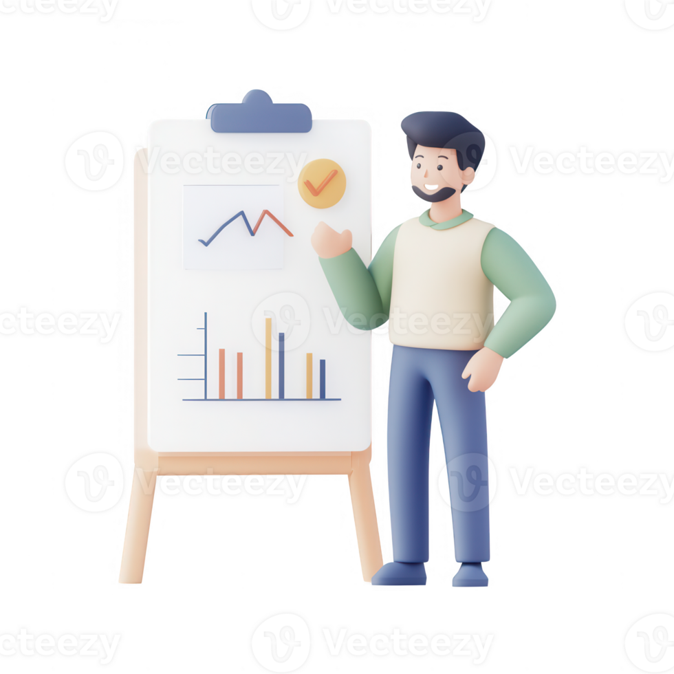 A man presenting data charts on a whiteboard in a modern business setting. png