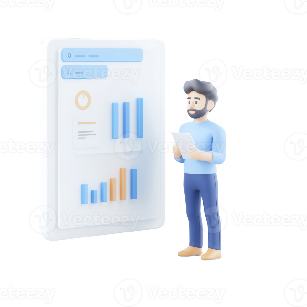 A person analyzing data trends using modern digital tools and graphs. png