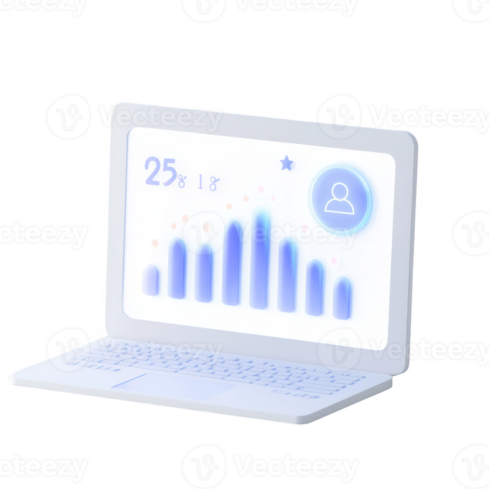 A modern laptop displaying data analytics and user statistics with a sleek design. png