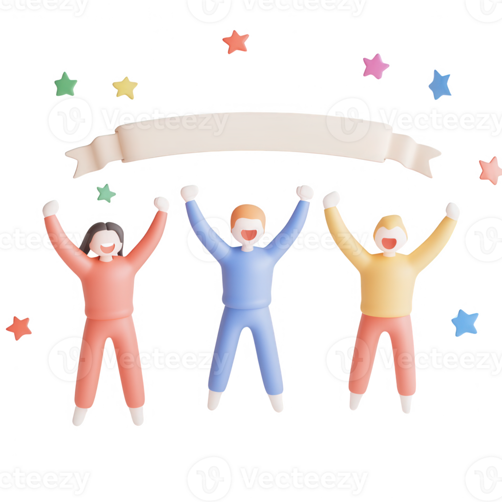 Joyful figures celebrating together under colorful stars and a blank banner. png