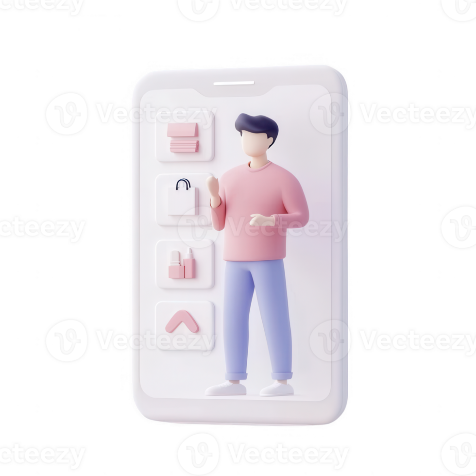 Stylized smartphone with user interface representation and character illustration. png