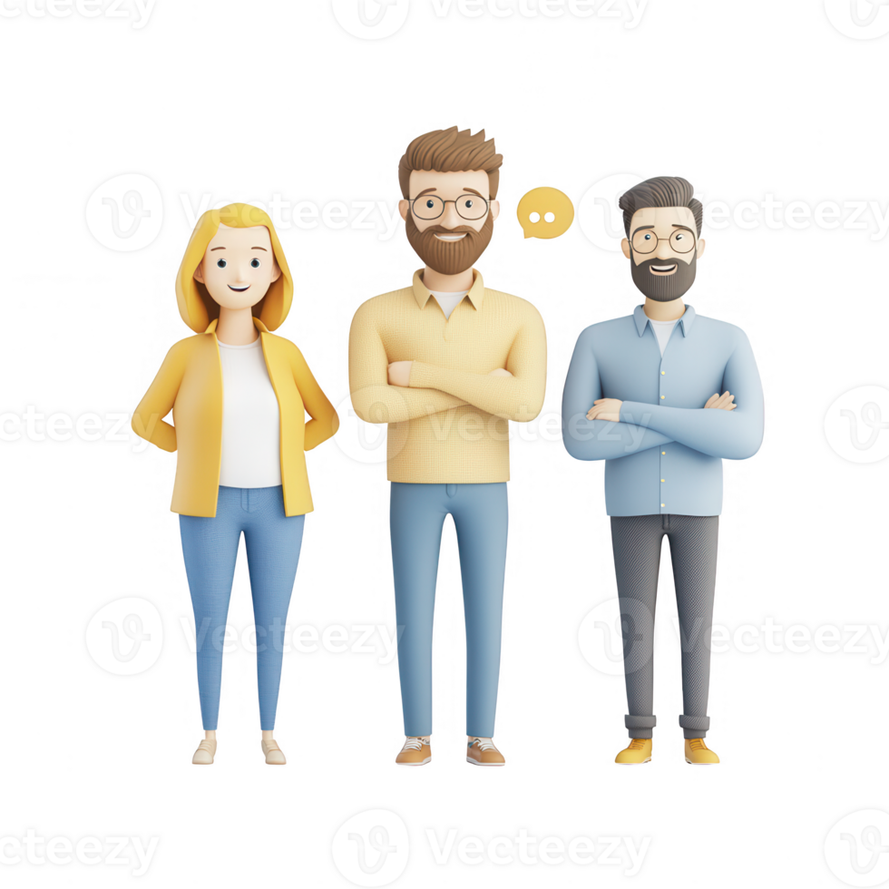 Three cartoon characters engaging in casual conversation with friendly expressions. png