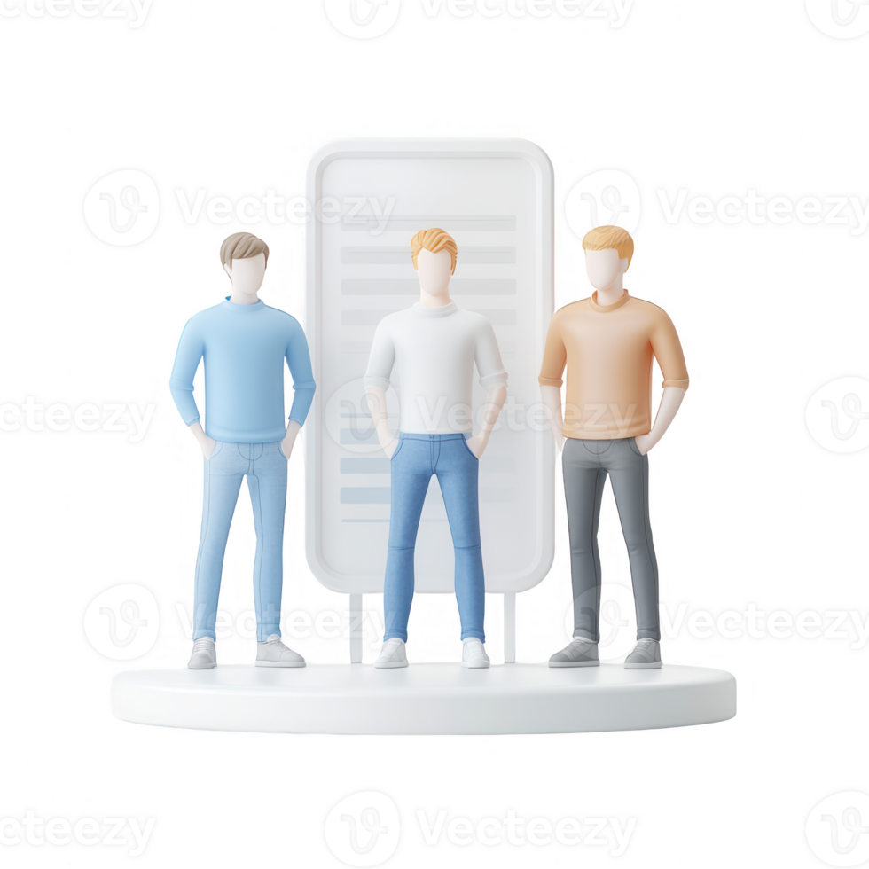 Three diverse figures stand together, symbolizing teamwork and collaboration. png