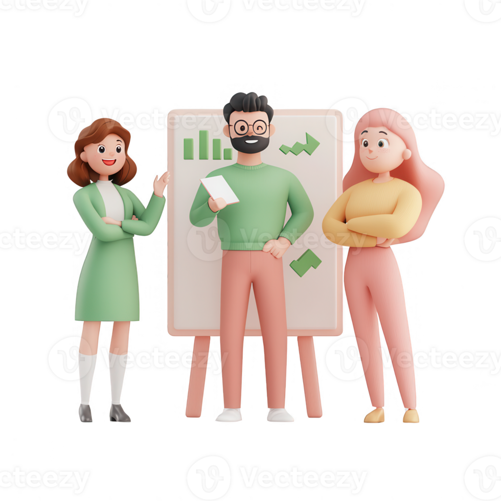 Three diverse characters collaborating on a business presentation with graphs. png
