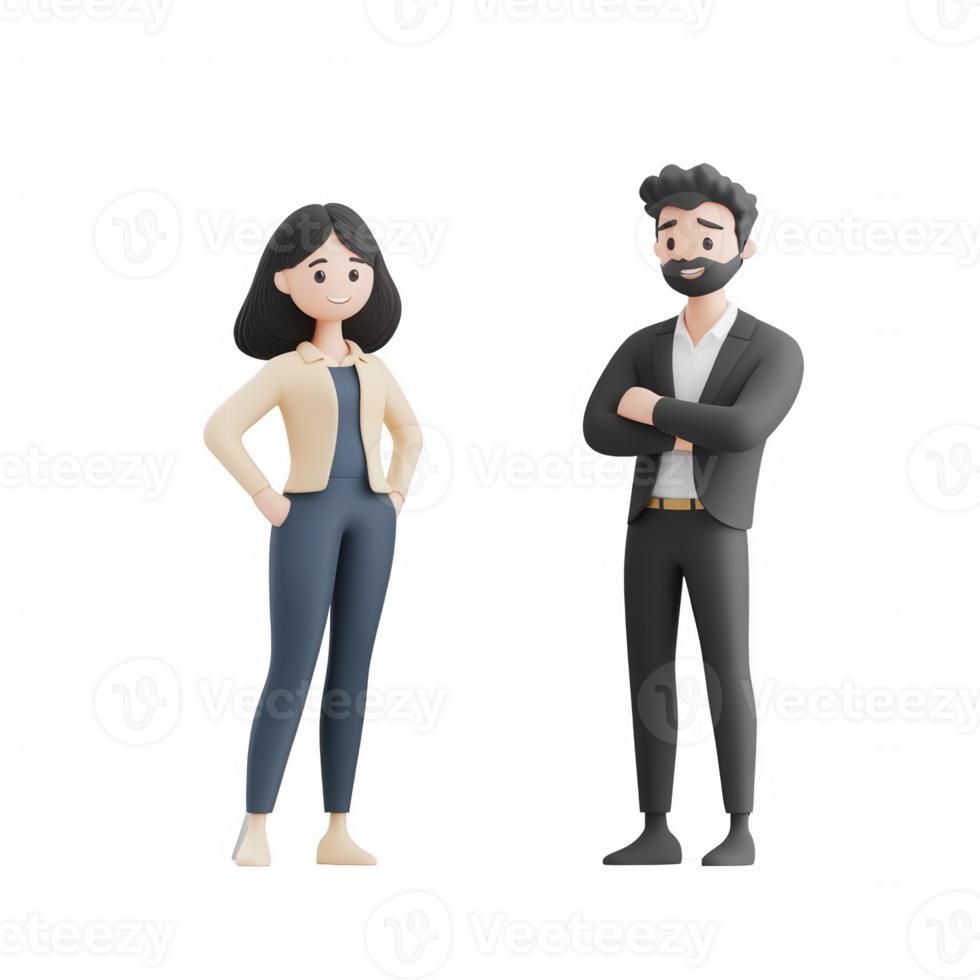 Two animated professionals stand together, exuding confidence and teamwork. png