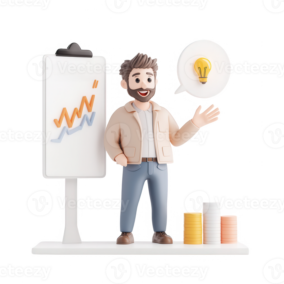 A person presenting a business idea with a chart and lightbulb concept. png