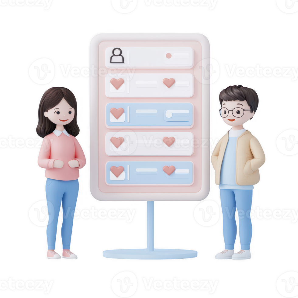 Two characters interacting with a digital interface displaying user preferences. png