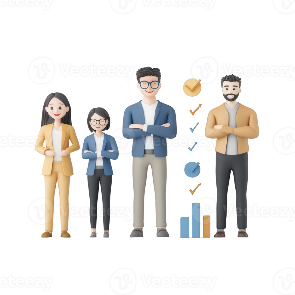 Diverse group of professionals standing confidently with data visualizations. png