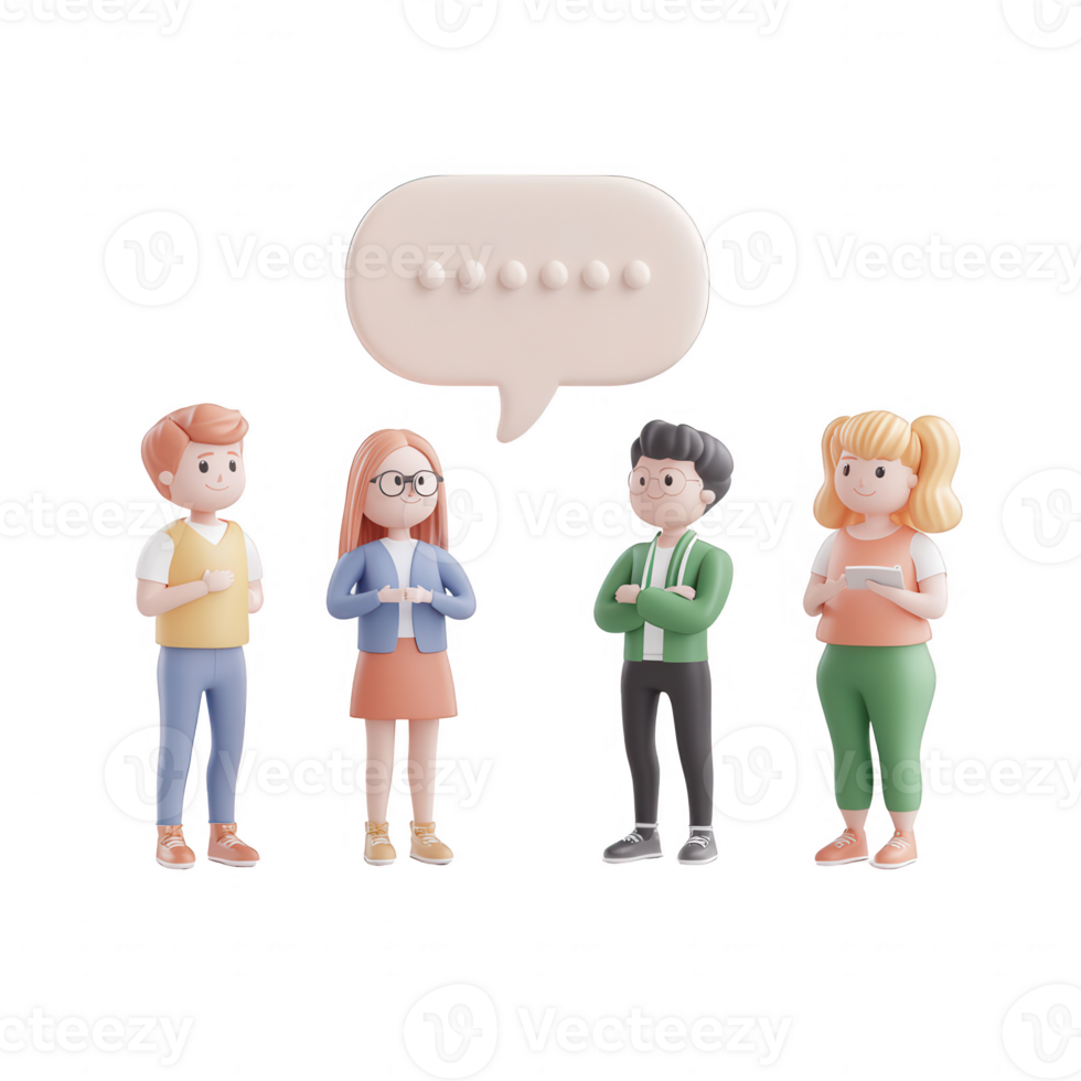 Four diverse characters engaged in a lively conversation with speech bubble. png