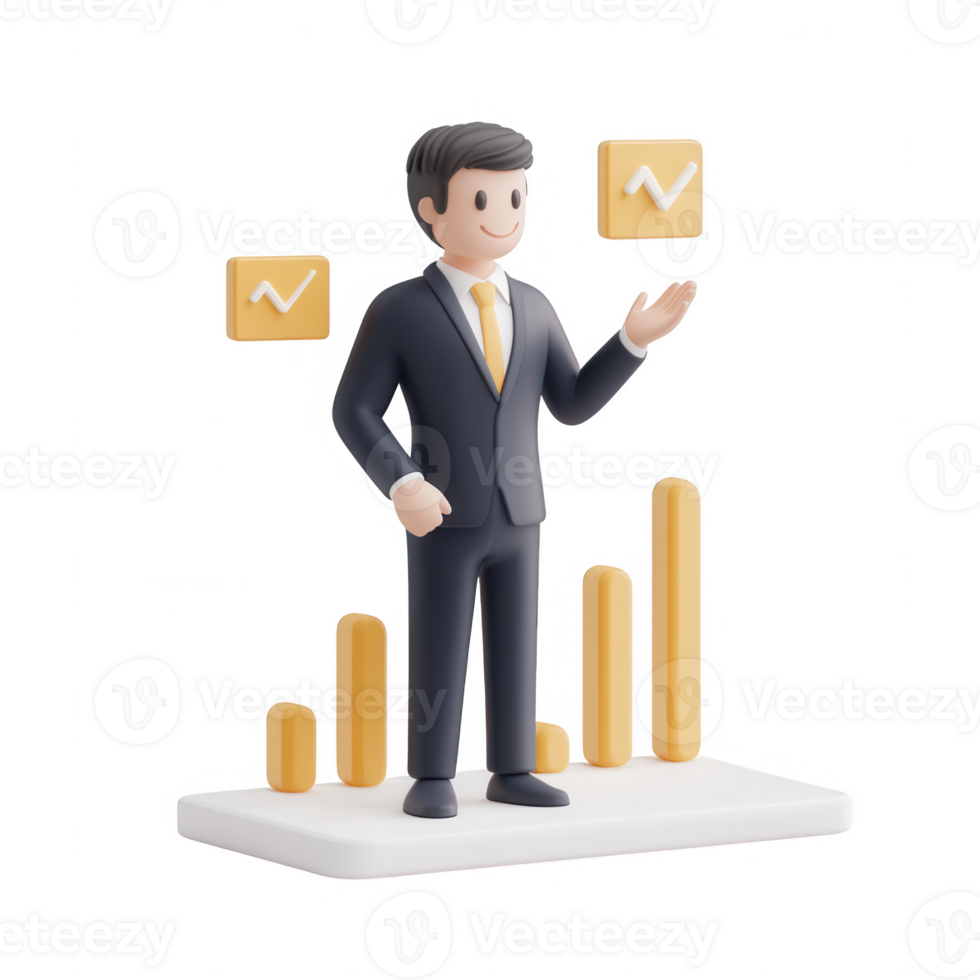 A 3D character in a suit presenting data growth with chart elements. png