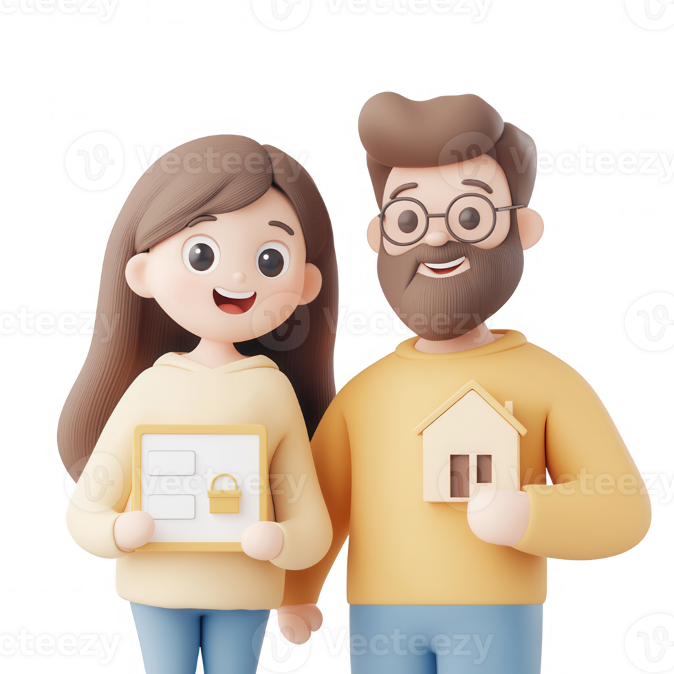 Cheerful couple holding property documents and a house model, representing homeownership. png